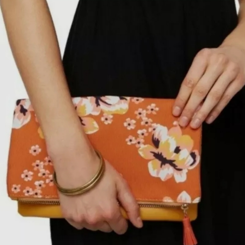 Rachel Pally Zahara Orange Reversible Floral Print Faux Leather Clutch Bag Purse